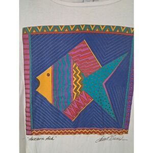 VTG Adult Shirt XL White Folkloric Fish VTG Single Stitch‎ Casual Laurel Birch